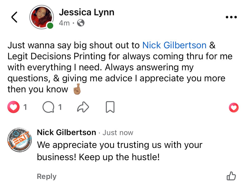 Jessica Lynn: Big shout out to Legit Decisions Printing for always coming through with everything I need.