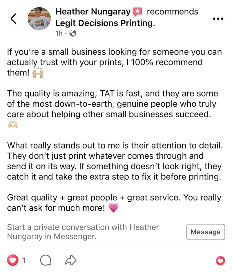 Heather Nungaray recommends Legit Decisions Printing: The quality is amazing, turnaround is fast, and they catch and fix issues before printing.