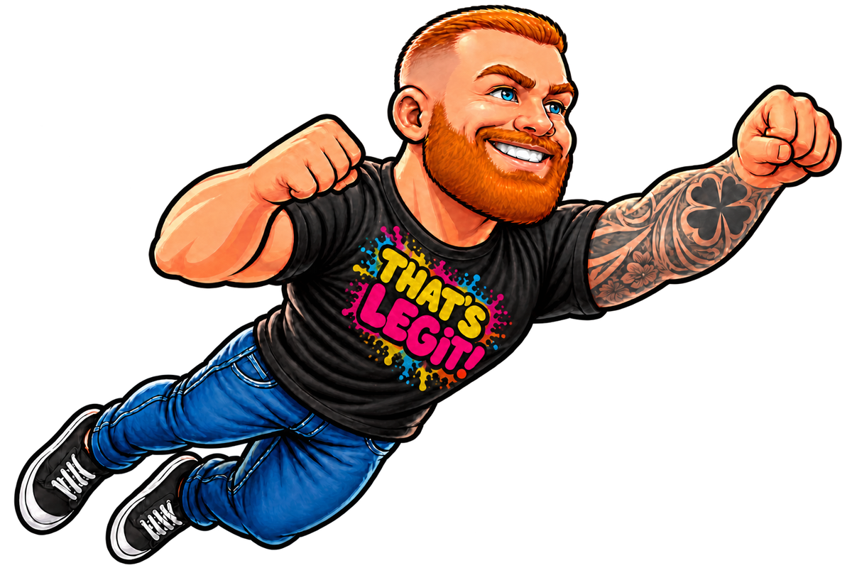 Cartoon of the Legit Swag owner flying like a superhero